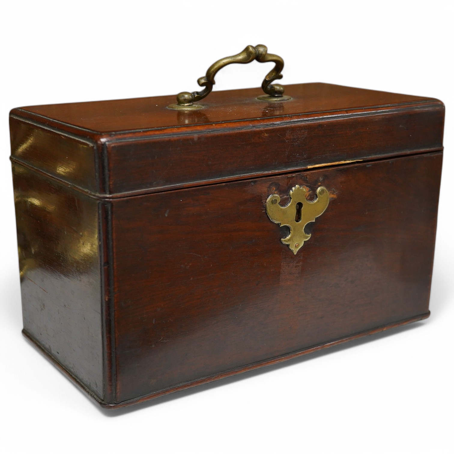 A three division Georgian mahogany tea caddy, 24cm x 15cm. Condition - top edge to lid missing, cellotape mark to front panel